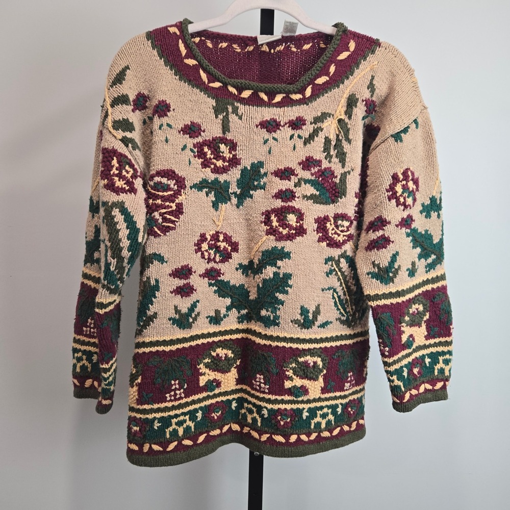 MJ Carroll Vintage 90s Floral Knit Roll Neck Sweater Burgundy Green Cotton Small